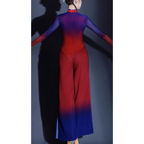 Blue Red Gradient Chinese folk Jiaozhou Yangge Dance costume Female ethereal Chinese national umbrella fan dance dresses Adult art test performance costumes